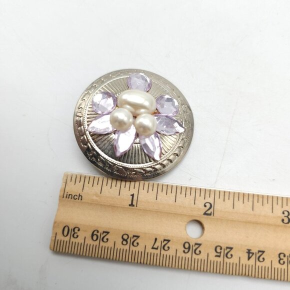 Vintage 1980s Floral Silver Tone Clip-On Earrings Faux Pearls Purple Rhinestones - Picture 4 of 4